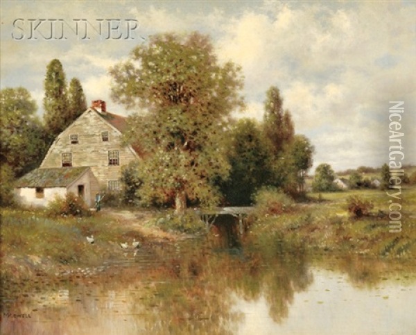 Landscape With House By A Duck Pond Oil Painting - Milton H. Lowell