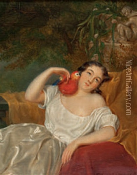 Junge Frau Mit Papagei Oil Painting - Edouard De Latour