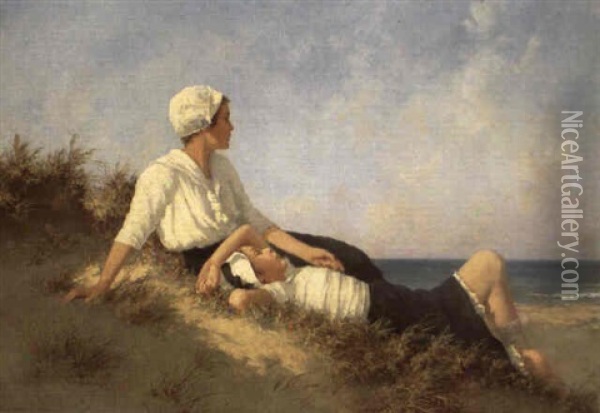 Junge Frau Und Madchen Am Strand Oil Painting - Hermann Seeger