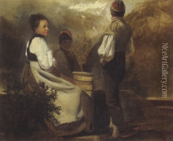 Frau Mit Zwei Kindern Und Bergkette Im Hintergrund Oil Painting - Karl Girardet
