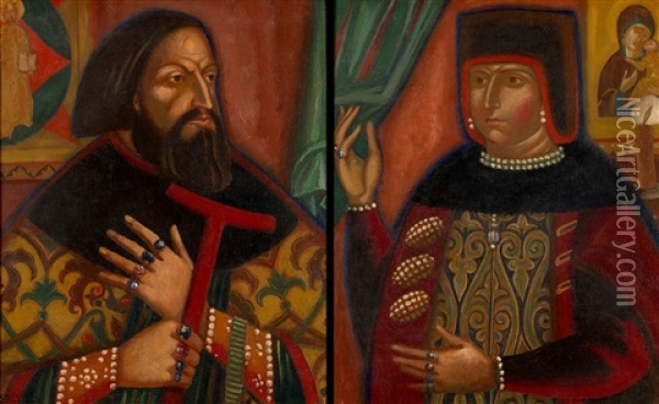 Boyar Couple (2 Works) Oil Painting - Dmitri Semenovich Stelletsky