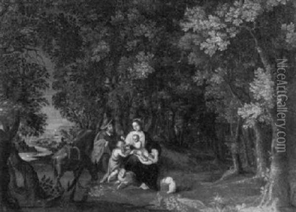 Ruhe Auf Der Flucht Nach Agypten. Die Heilige Familie In Waldlandschaft Oil Painting - Gillis Coninxloo IV