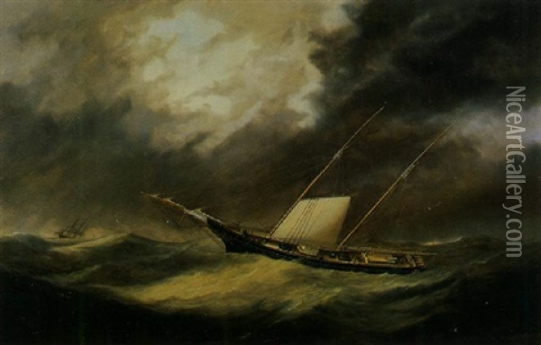 A Baltimore Clipper Laying To Oil Painting - Joseph B. Smith