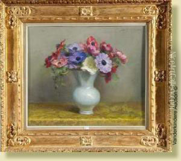 Vased'anemones, Pastel Sur 
Papier. Signe En Haut A Droite E. Masson.ecole Belge. Dim.: 50x60cm Oil Painting - Edouard Masson