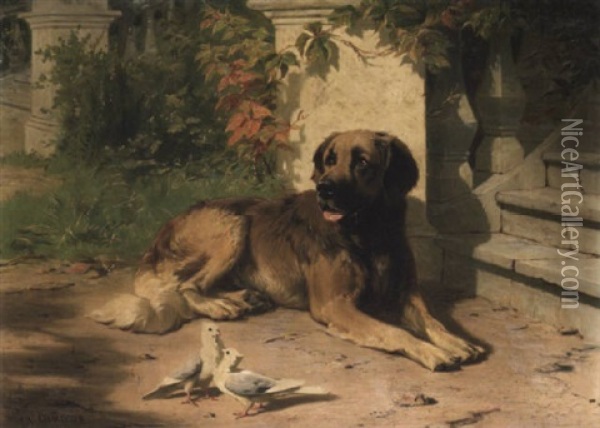 A Leonberger By The Steps Of A Country House Oil Painting - Conradyn Cunaeus