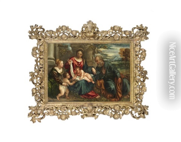 The Holy Family With The Infant Saint John The Baptist And Saint Dorothy In A Carved And Gilt Frame With Scrolling Acanthus Centres And A Running Flowering Vine Oil Painting - Polidoro da Lanciano
