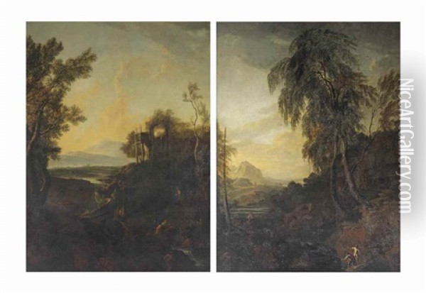 A Mountainous Landscape With Ancient Ruins On A Hill; And A Mountainous Landscape With Cattle Fording A Stream (pair) Oil Painting - Christian Hilfgott Brand