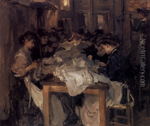 The Paquin Sewing Studio, Paris Oil Painting - Isaac Israels