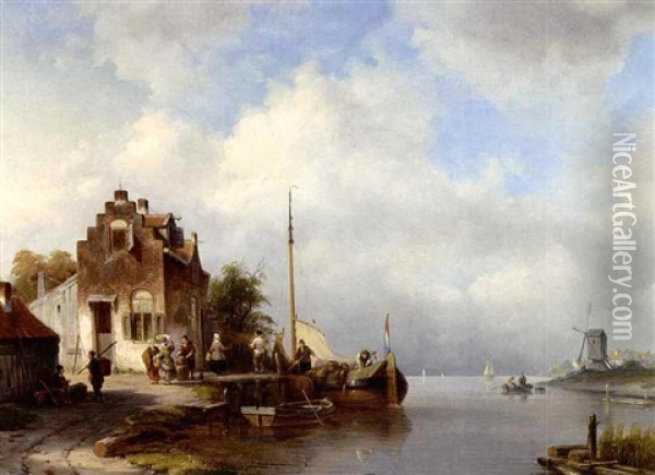 A View Of A Dutch Village On The Waterfront Oil Painting - Jacques Francois Carabain