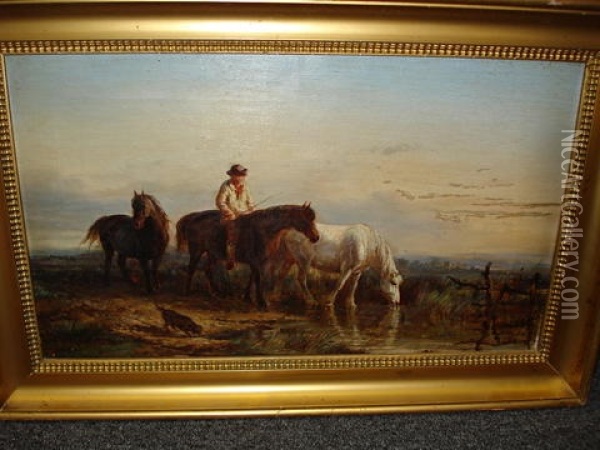 Watering The Horses, A Drover, Three Horses And A Dog In A Marshland Landscape Oil Painting - Henry Park