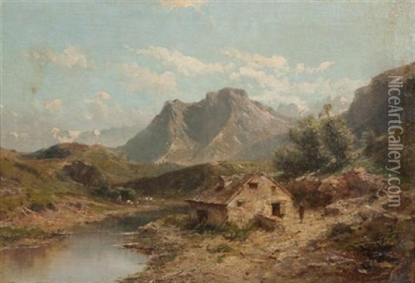 Mountain Landscape With River Oil Painting - John (Giovanni) Califano