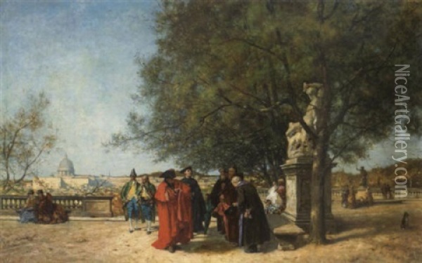 Figures On A Terrace Overlooking Rome With St. Peter's In The Distance Oil Painting - Ferdinand Heilbuth