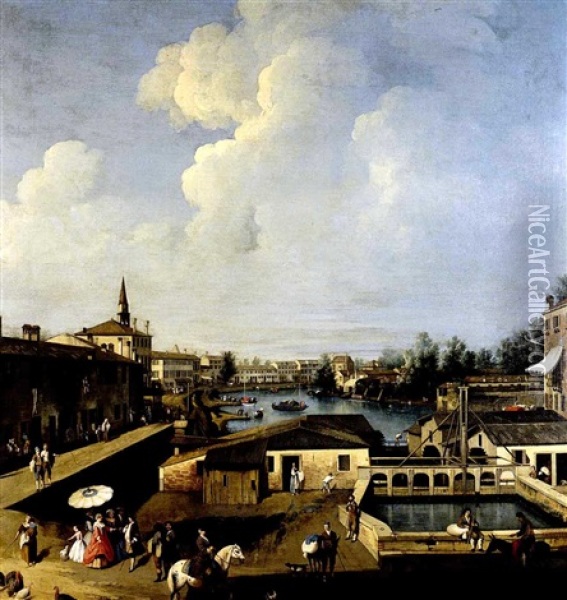 A View Of The Lock At Dolo On The Brenta Canal Oil Painting - Giovanni Battista Cimaroli