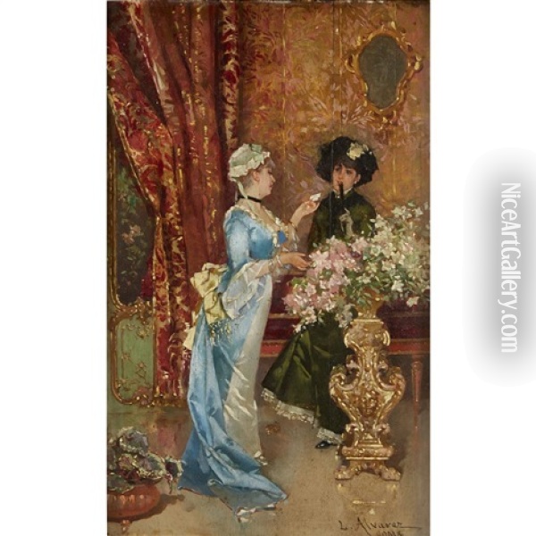 Elegant Ladies In Interior Oil Painting - Luis Alvarez Catala