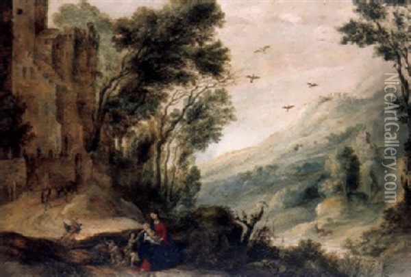An Extensive Landscape With The Rest On The Flight Into Egypt Oil Painting - Gysbrecht Leytens