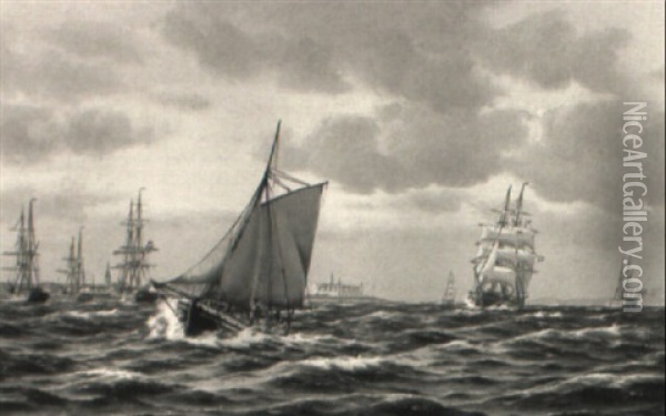 Hafeneinfahrt Von Kopenhagen Mit Zahlreichen Segelschiffen Oil Painting - Johan Jens Neumann