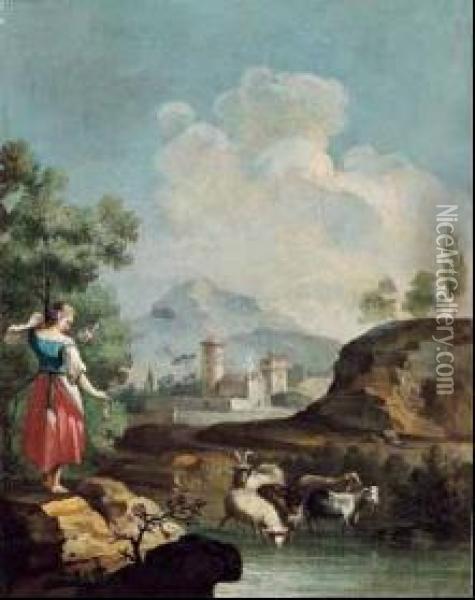 Paesaggio Con Pastorelle Oil Painting - Domenico Pecchio