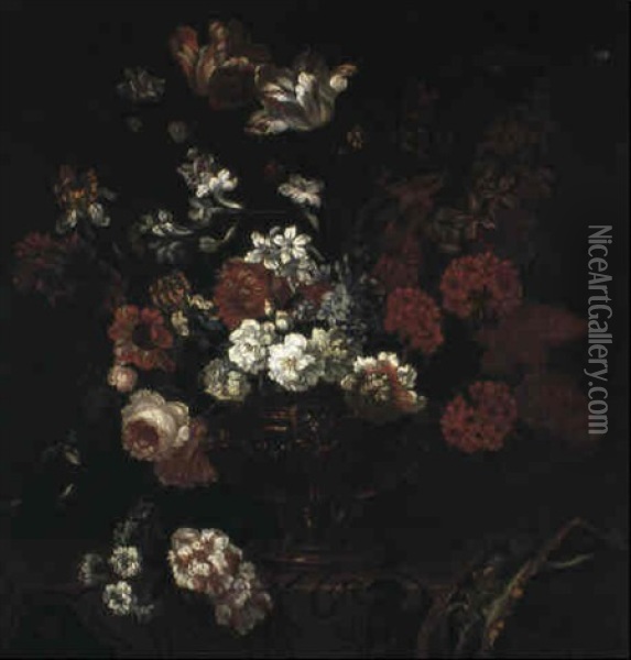 Vase De Fleurs Sur Un Entablement Recouvert D'un Tapis Oil Painting - Pieter Casteels III