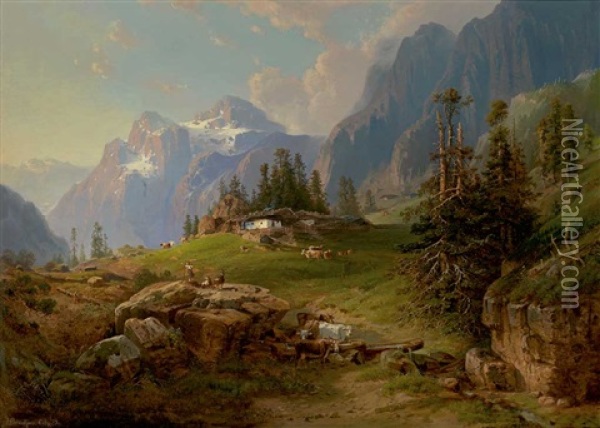 Hochalm In Der Zentralschweiz Mit Prachtvoller Bergkulisse Oil Painting - Heinrich Karl Brueckner