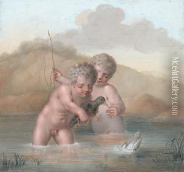 Enfants Jouant Dans L'eau Avec Des Canards Oil Painting - Michaelangelo Maestri