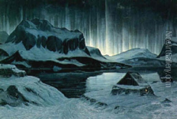 Nordlys Over Gronlandsk Bygd Oil Painting - Emanuel A. Petersen