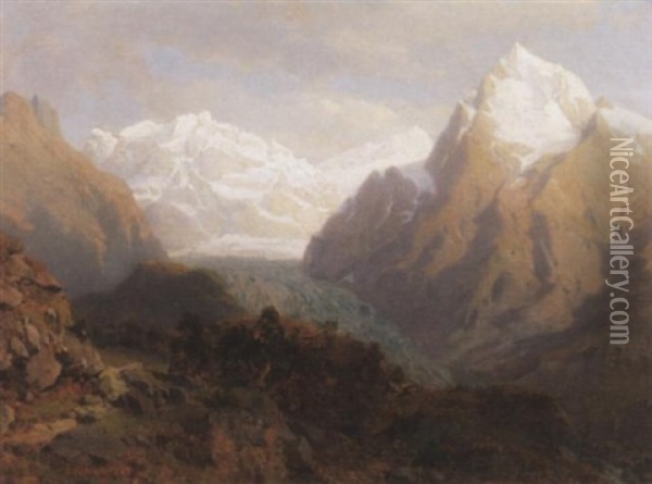 Blick Auf Einen Alpengletscher Im Hochsommer Oil Painting - Johann Jakob Vollweider