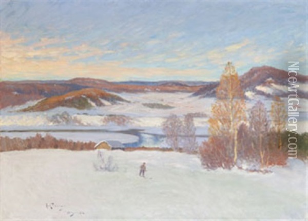 Skidakare I Vinterlandskap Oil Painting - Anton Genberg