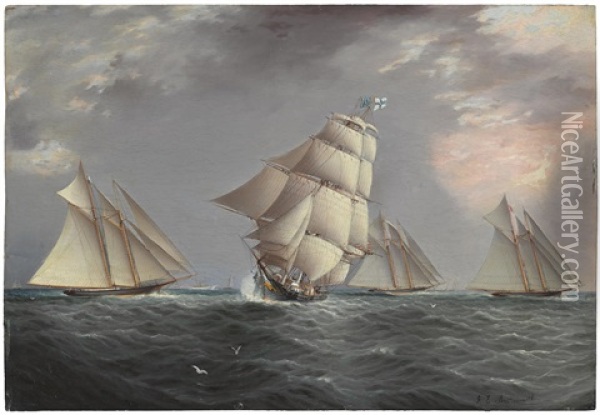 A Merchant Ship Crossing A Schooner Race Oil Painting - James Edward Buttersworth