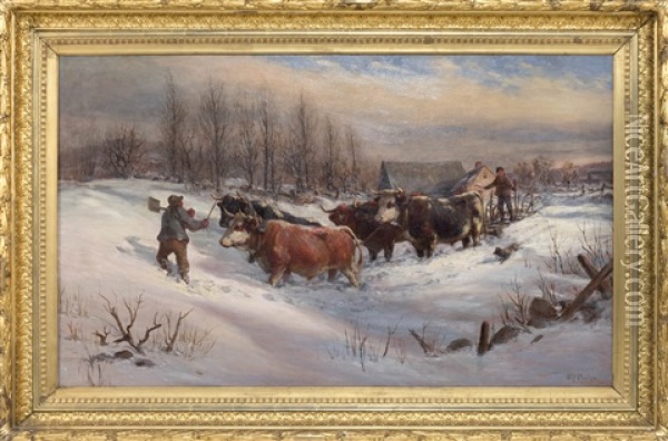 Driving The Cattle Through The Snow Oil Painting - William Preston Phelps