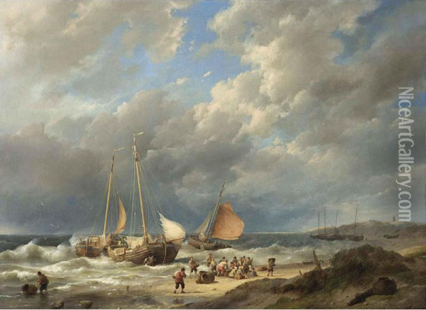 Bringing In The Catch Oil Painting - Hermanus W. Koekkoek