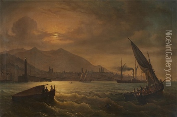 Harbour Scene At Dusk Oil Painting - Anton Castell