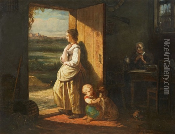 Rustic Interior With A Grandmother, Mother An Oil Painting - Johannes Engel Masurel