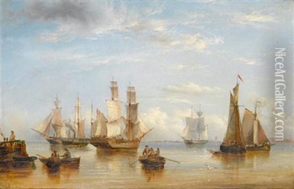 Vessels Drying Their Sails Offshore In A Flat Calm Oil Painting - Henry Redmore