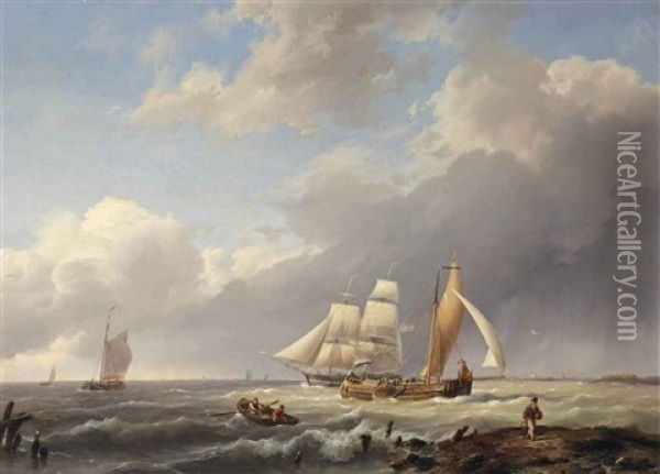 Dutch Flatboats And A Danish Two-master On The Zuiderzee Oil Painting - Hermanus Koekkoek the Elder
