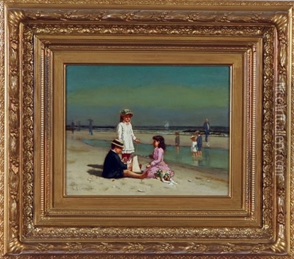 Three Children Playing Along The Beach Oil Painting - Samuel S. Carr