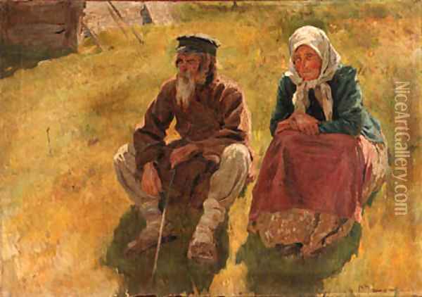 Old Russian peasant Couple at rest Oil Painting - Sergey Arsenievich Vinogradov