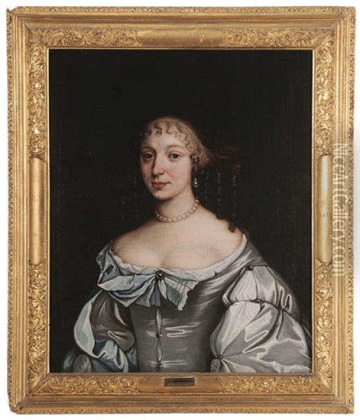 Portrait Of A Woman Wearing At Blue And White Satin Gown Oil Painting - Mary Beale