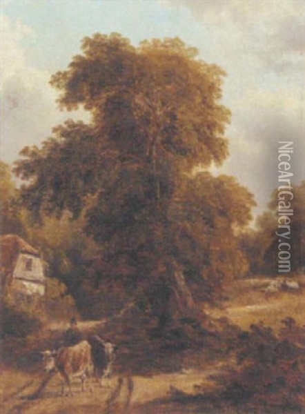 A Cattle Drover By A Cottage Oil Painting - John Moore Of Ipswich