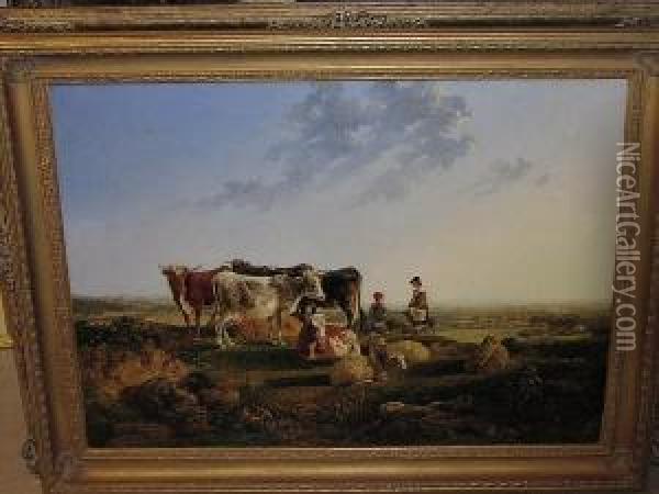 Two Labourers Tending Cattle And Sheep In An Extensive Landscape, Signed And Dated 1831 Oil Painting - John Dearman Birchall