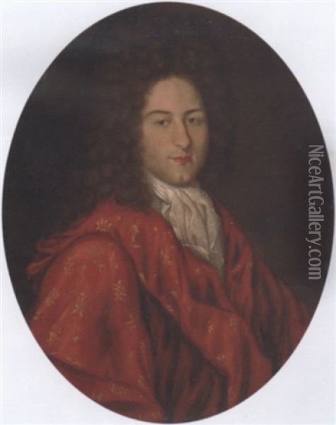 Portrait Of A Gentleman In An Embroidered Red Gown Oil Painting - Hyacinthe Rigaud