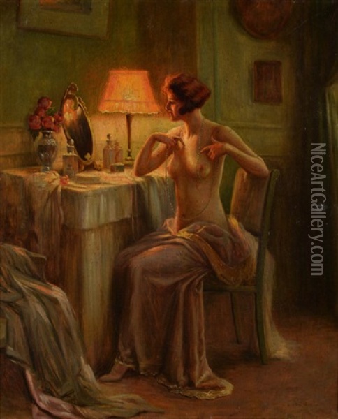 A Lady At Her Dressing Table By Lamplight Oil Painting - Delphin Enjolras