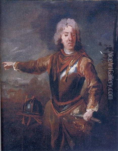 Portrait Of Field Marshall Johannes Matthias Von Der Schulenberg In A Breastplate, In A Landscape Oil Painting - Giovanni Antonio Guardi