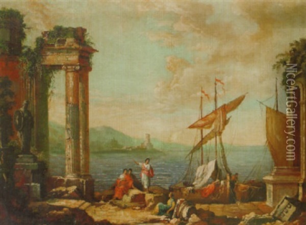 Figures Resting By A Ruined Temple On A Quay Oil Painting - Marco Ricci