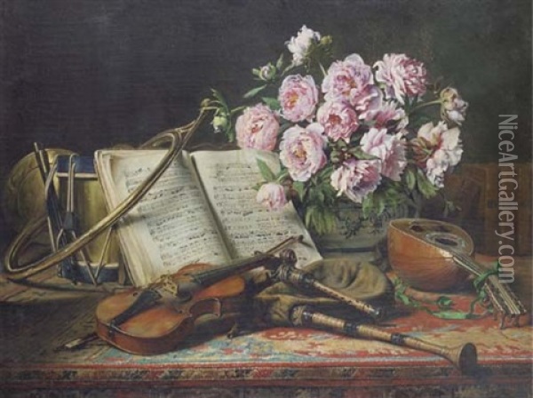 A Still Life With Mandolin, Violin, Bag Pipes, A French Horn, And A Drum Oil Painting - Charles Antoine Joseph Loyeux
