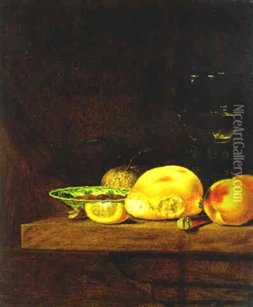 Stilleben Mit Brotchen, Obst, Oliven In Einer Porzellanschale Und Einem Weinglas Oil Painting - Pieter Janssens Elinga