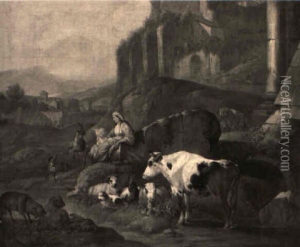 Cows, Sheep And A Goat With A Shepherdess And Her Child In Classical Ruins Oil Painting - Johann Heinrich Roos