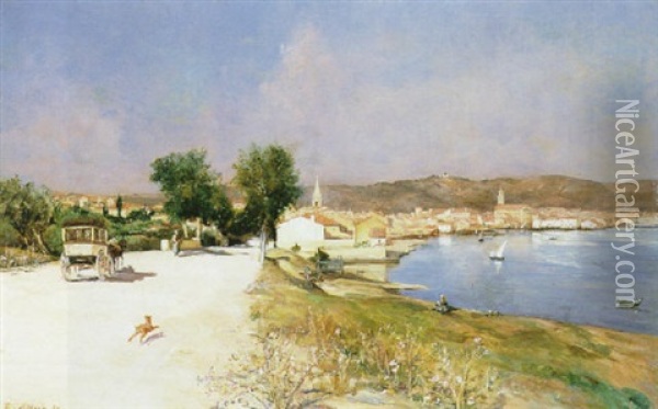 Diligence Aux Abords Du Village De Martigues Sur L'etang De Berre Oil Painting - Raymond Allegre