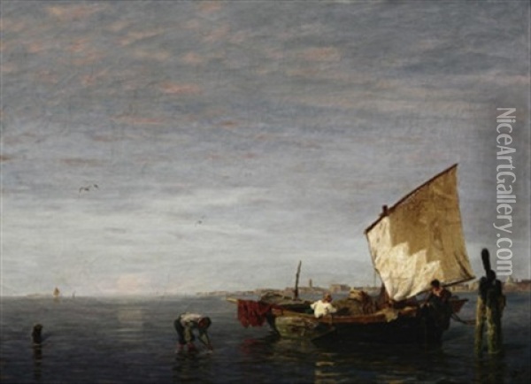 Venedig. Fischer Beim Einholen Des Fangs In Der Lagune, Im Hintergrund Die Silhouette Der Stadt Oil Painting - Ludwig Dill