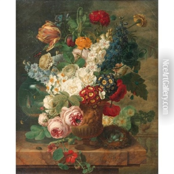 Nature Morte Au Vase De Fleurs, Bocal De Poissons Et Nid D'oiseau Sur Un Entablement Oil Painting - Christiaen van Pol