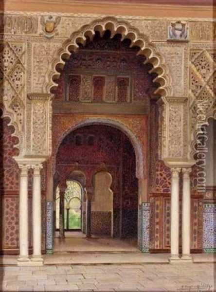 El Patio De Un Palacio Moro, Sevilla (the Courtyard Of A Moorish Palace, Seville) Oil Painting - Fernando Liger Hidalgo